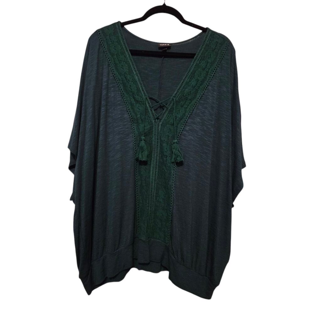 Torrid Textured Jersey Lace Trim Dolman Top Womens 2X Green‎ Boho Peasant Grunge
